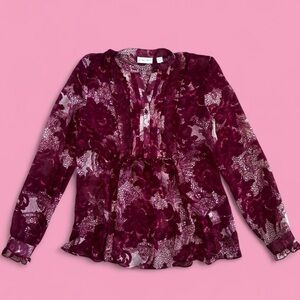 Floral Burgundy and Pink Ruffled New York and Company Blouse